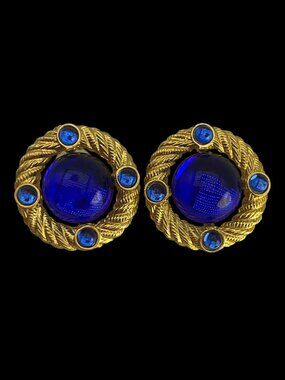 Vintage 70's Park Lane Gold-Tone Earrings Royal Blue Cabochons Glass Old Money